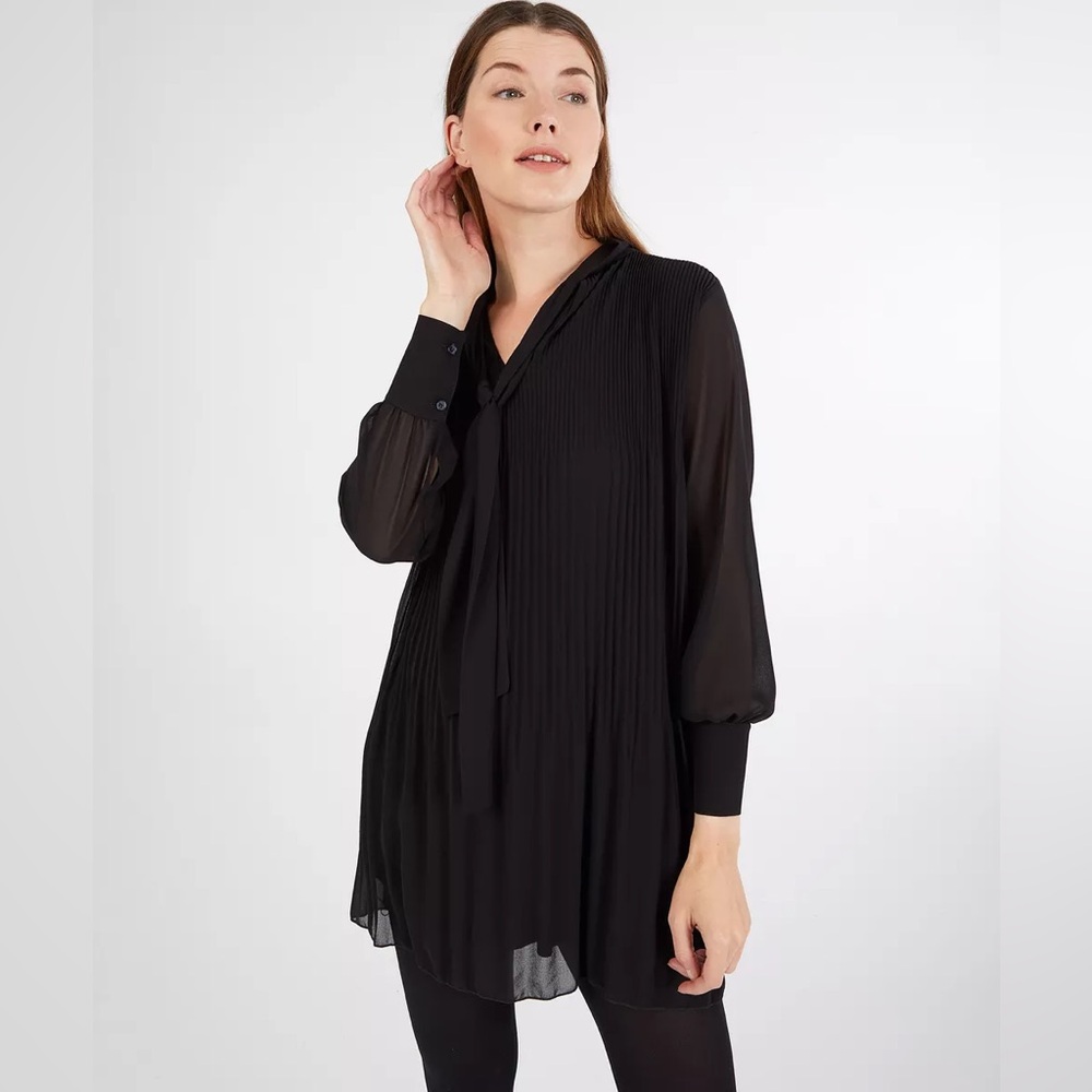 Zara Black Sheer Tie Neck Blouse L NWT Pleated Overlay Long Sleeve